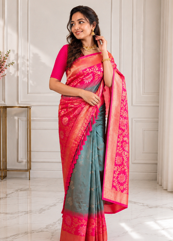 grey color zari weaves contrast pallu and designer chaap border dual tone silk blend saree