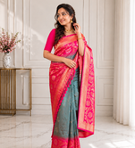 grey color zari weaves contrast pallu and designer chaap border dual tone silk blend saree