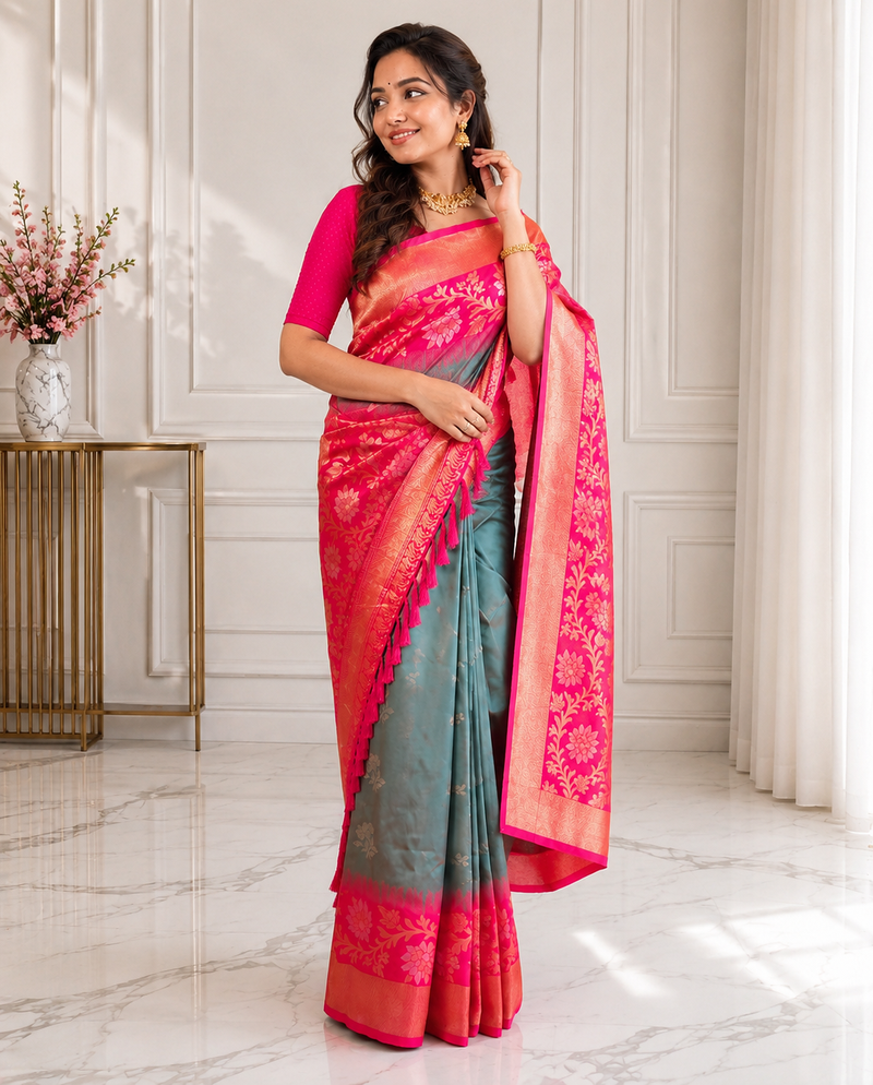 grey color zari weaves contrast pallu and designer chaap border dual tone silk blend saree
