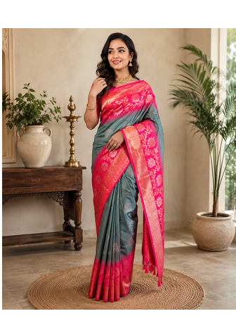 grey color zari weaves contrast pallu and designer chaap border dual tone silk blend saree 2