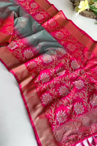 grey color zari weaves contrast pallu and designer chaap border dual tone silk blend saree