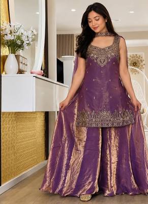 purple embroidery silk blend  full stitched sharara plazo 1