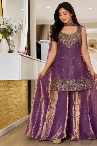 purple embroidery silk blend  full stitched sharara plazo