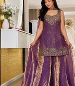 purple embroidery silk blend  full stitched sharara plazo