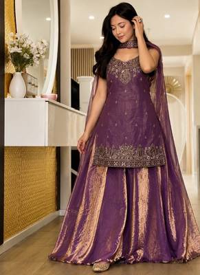 purple embroidery silk blend  full stitched sharara plazo 2