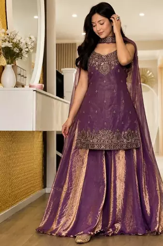purple embroidery silk blend  full stitched sharara plazo