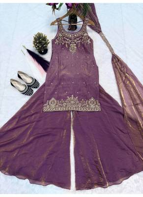 purple embroidery silk blend  full stitched sharara plazo 3