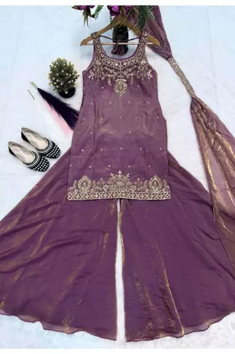 purple embroidery silk blend  full stitched sharara plazo