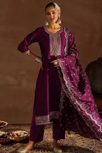 Burgundy Embroidered Regular Thread Work Straight Kurta With Trousers & Dupatta