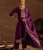 Burgundy Embroidered Regular Thread Work Straight Kurta With Trousers & Dupatta