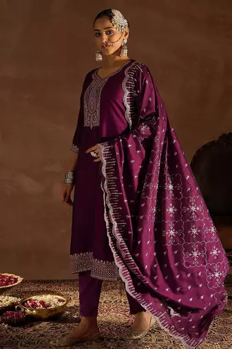 Burgundy Embroidered Regular Thread Work Straight Kurta With Trousers & Dupatta