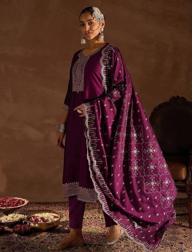 Burgundy Embroidered Regular Thread Work Straight Kurta With Trousers & Dupatta