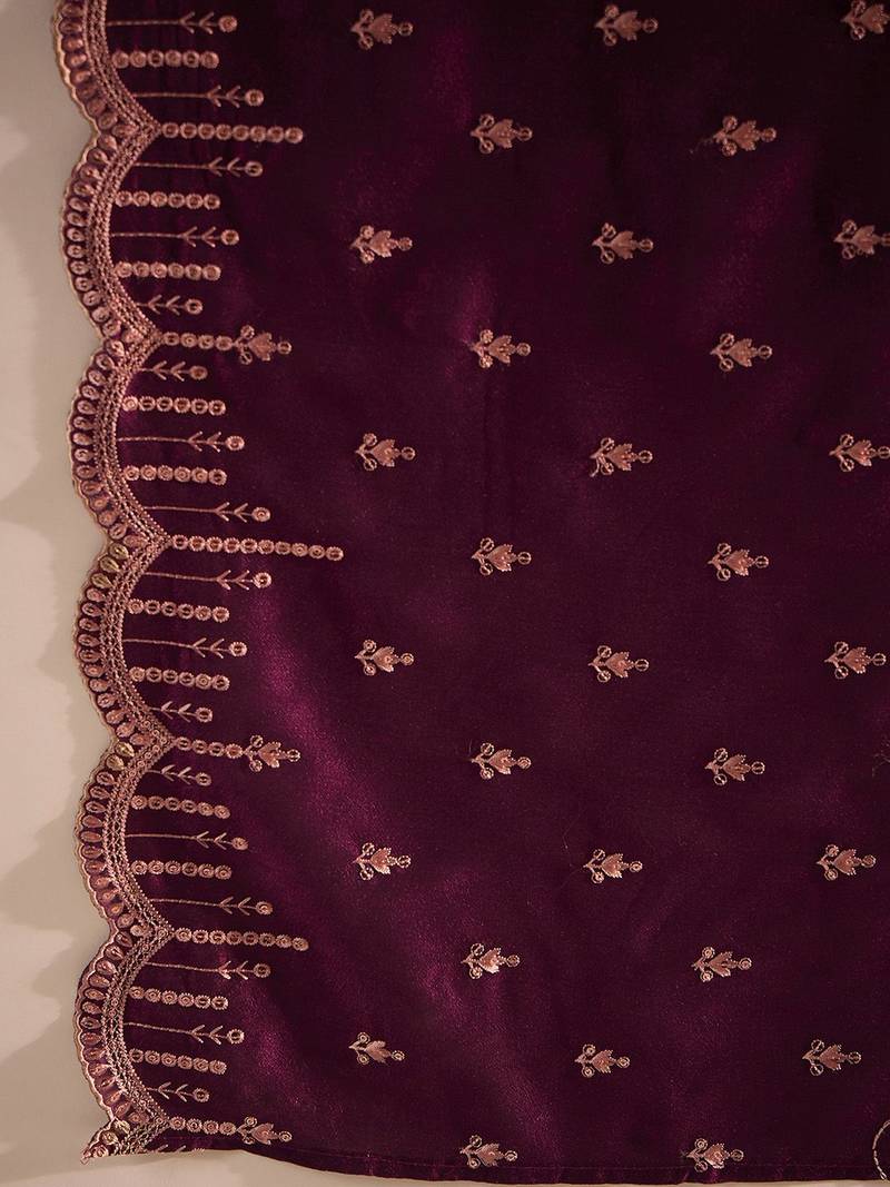 Burgundy Embroidered Regular Thread Work Straight Kurta With Trousers & Dupatta