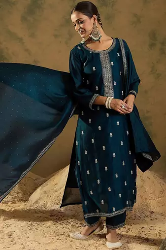 Women Embroidered Regular Sequinned Kurta with Trousers & With Dupatta