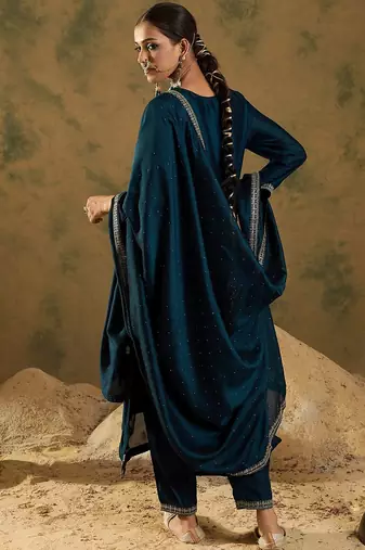 Women Embroidered Regular Sequinned Kurta with Trousers & With Dupatta