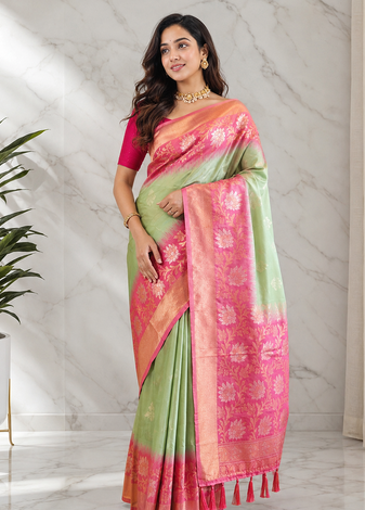 light green color zari weaves contrast pallu and designer chaap border dual tone silk blend saree