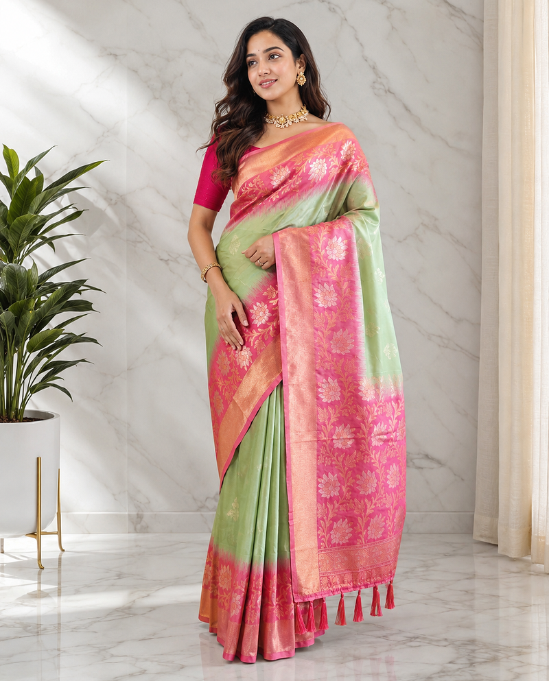 light green color zari weaves contrast pallu and designer chaap border dual tone silk blend saree