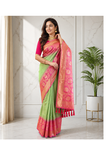 light green color zari weaves contrast pallu and designer chaap border dual tone silk blend saree 2