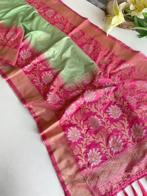 light green color zari weaves contrast pallu and designer chaap border dual tone silk blend saree 3