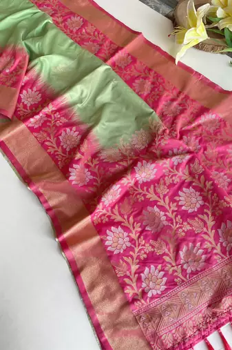 light green color zari weaves contrast pallu and designer chaap border dual tone silk blend saree