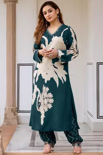 Floral Printed Sequinned A-Line Kurta With Salwar