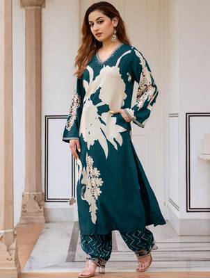 Floral Printed Sequinned A-Line Kurta With Salwar 3