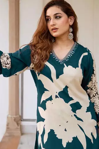Floral Printed Sequinned A-Line Kurta With Salwar