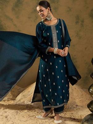 Ethnic Embroidered Thread Work Round Neck Silk Blend Kurta with Trouser & Dupatta 1