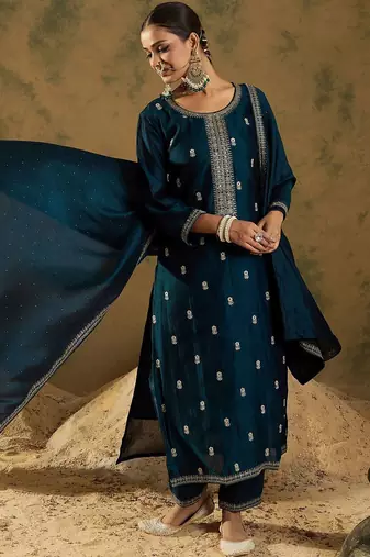 Ethnic Embroidered Thread Work Round Neck Silk Blend Kurta with Trouser & Dupatta
