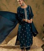 Ethnic Embroidered Thread Work Round Neck Silk Blend Kurta with Trouser & Dupatta