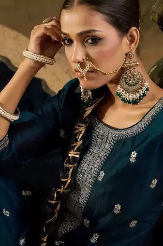 Ethnic Embroidered Thread Work Round Neck Silk Blend Kurta with Trouser & Dupatta