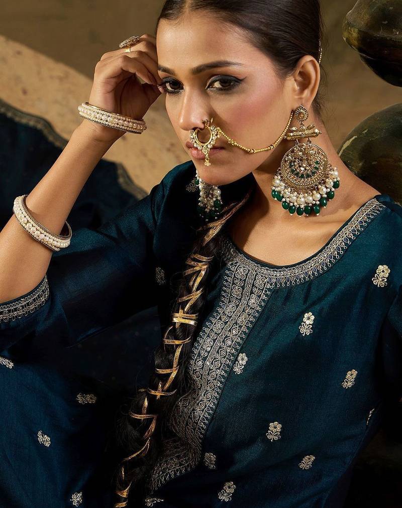 Ethnic Embroidered Thread Work Round Neck Silk Blend Kurta with Trouser & Dupatta