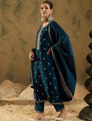 Ethnic Embroidered Thread Work Round Neck Silk Blend Kurta with Trouser & Dupatta 5