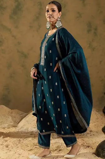 Ethnic Embroidered Thread Work Round Neck Silk Blend Kurta with Trouser & Dupatta