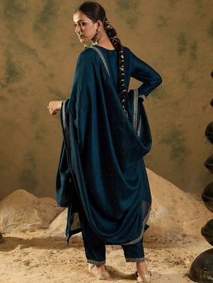 Ethnic Embroidered Thread Work Round Neck Silk Blend Kurta with Trouser & Dupatta 6