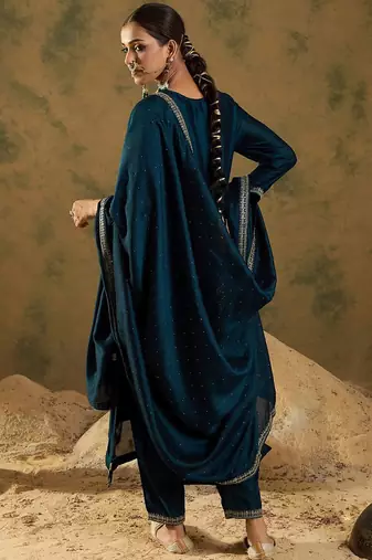 Ethnic Embroidered Thread Work Round Neck Silk Blend Kurta with Trouser & Dupatta