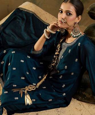 Ethnic Embroidered Thread Work Round Neck Silk Blend Kurta with Trouser & Dupatta 7