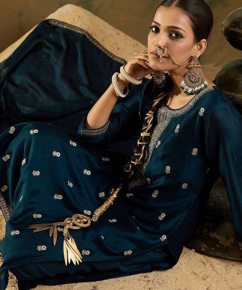 Ethnic Embroidered Thread Work Round Neck Silk Blend Kurta with Trouser & Dupatta