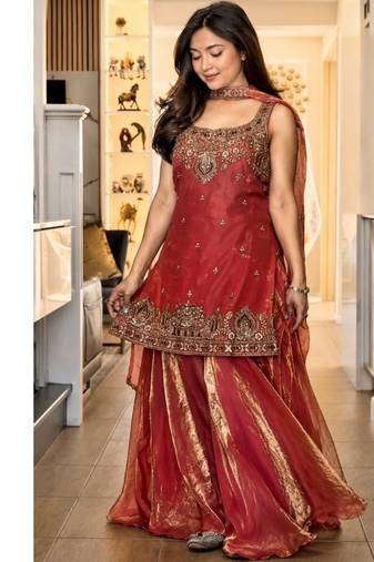 orange embroidery silk blend  full stitched sharara plazo