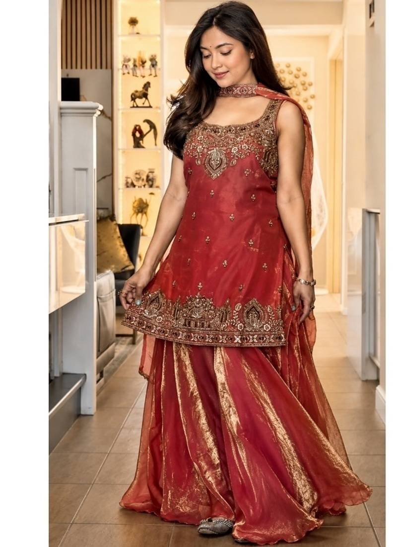 orange embroidery silk blend  full stitched sharara plazo