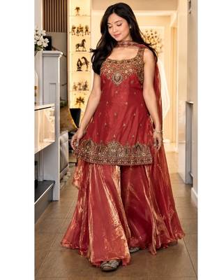 orange embroidery silk blend  full stitched sharara plazo 2