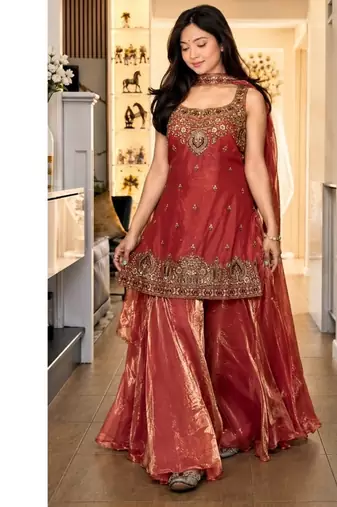orange embroidery silk blend  full stitched sharara plazo