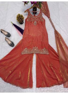 orange embroidery silk blend  full stitched sharara plazo 3