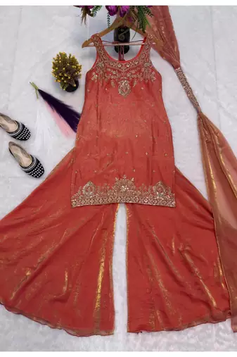 orange embroidery silk blend  full stitched sharara plazo