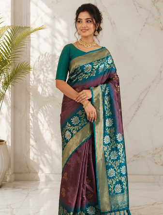 light magenta color zari weaves contrast pallu and designer chaap border dual tone silk blend saree