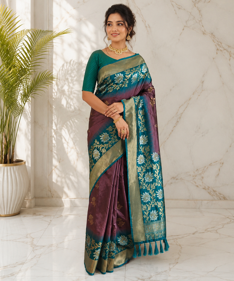 light magenta color zari weaves contrast pallu and designer chaap border dual tone silk blend saree