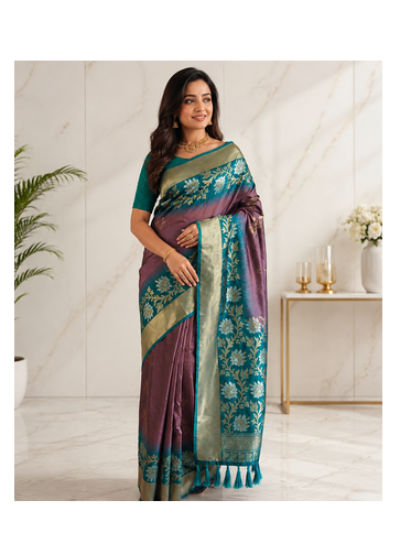 light magenta color zari weaves contrast pallu and designer chaap border dual tone silk blend saree 2