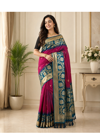 magenta color zari weaves contrast pallu and designer chaap border dual tone silk blend saree 1