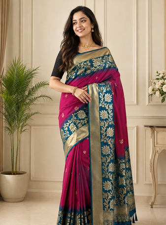 magenta color zari weaves contrast pallu and designer chaap border dual tone silk blend saree