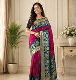 magenta color zari weaves contrast pallu and designer chaap border dual tone silk blend saree